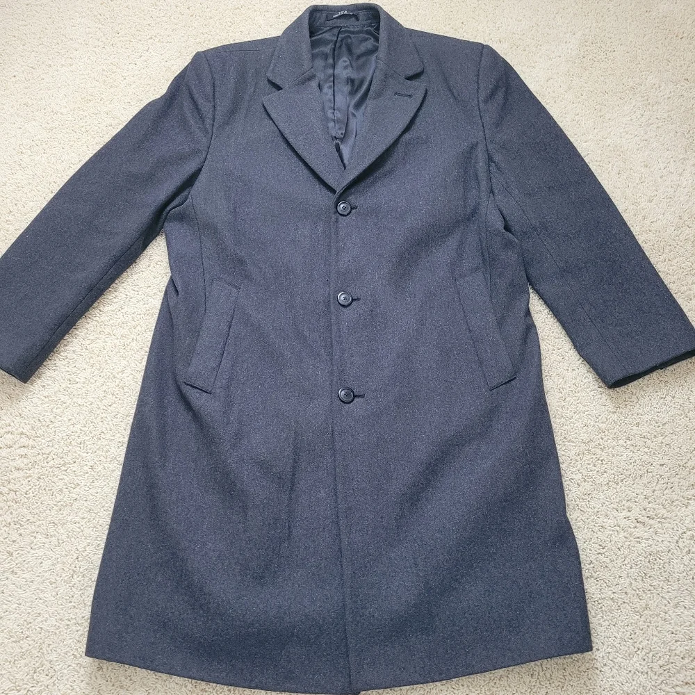 London Fog Men's 46R Wool Blend Gray Long Dress Coat Overcoat Topcoat Career